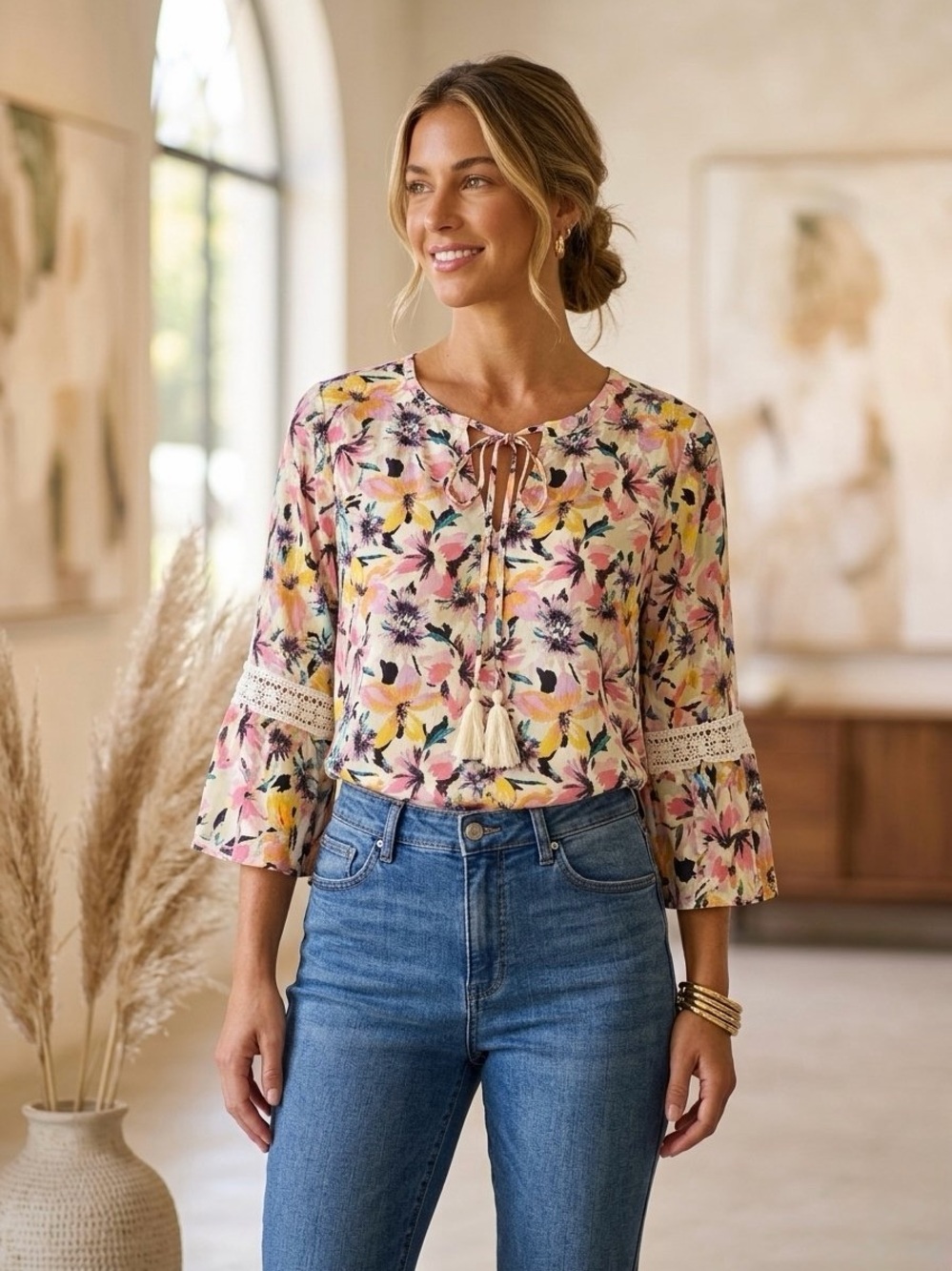 NWT I.N. Studio Floral Tassel Boho Blouse Size 1X